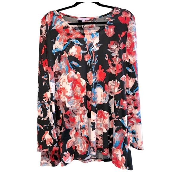 Premise Long Sleeve Tunic Blouse Black/Pink Floral Roomy Fit Size Medium (LG) - Picture 1 of 6